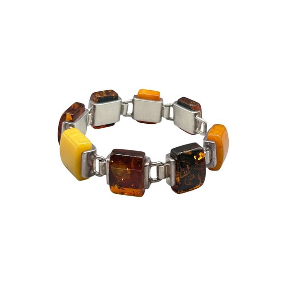 Sterling Silver & Genuine Amber Bracelet Chunky Colorful Assorted Amber Colors